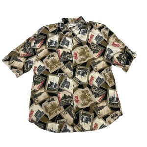 Vintage KATHIE LEE Shirt Womens 14 Brown Black Hawaii Button Up Shoulder Pads